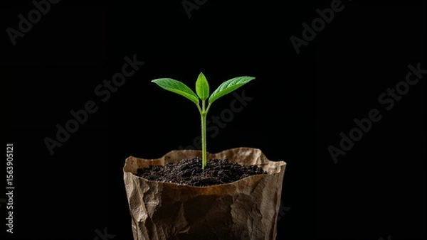 Fototapeta Young Green Seedling Growing in Soil Bag Against Black Background for Sustainability Agriculture and Environmental Growth Concept
