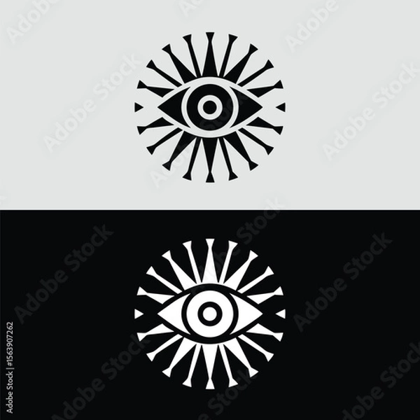 Fototapeta A minimalist black and white logo features an eye surrounded by radiating lines, creating a modern and abstract symbol of vision and spirituality