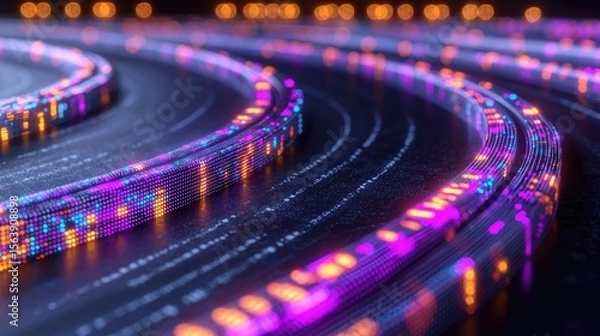 Fototapeta Dynamic light trails displaying digital waves indoor venue abstract art high-tech environment close-up perspective
