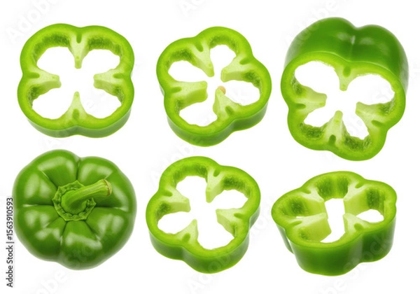 Fototapeta Fresh Green Pepper Slices and Whole on transparent Background