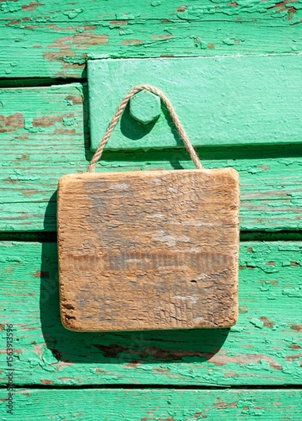 Obraz Blank wooden sign hanging on rustic wall in sunlight