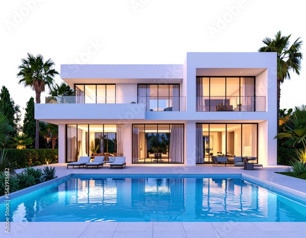 Fototapeta Modern Marbella Villa with Garden Pool, Front Angle View under Turquoise Sky, 3D Render