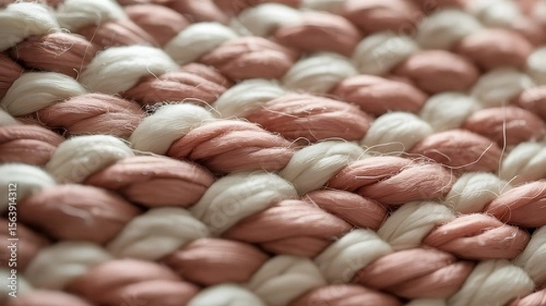 Fototapeta Close up macro shot of chunky woven textile with alternating strands of soft pink and creamy white yarn creating a cozy textured background