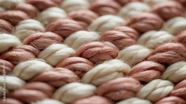 Fototapeta Extreme close up macro shot of thick chunky yarn braids in soft blush pink and creamy off white colors with fine fuzzy fibers