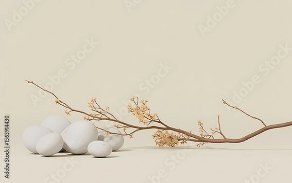 Fototapeta Minimalist composition of textured white spheres and delicate dried branches with small blossoms on a neutral beige background