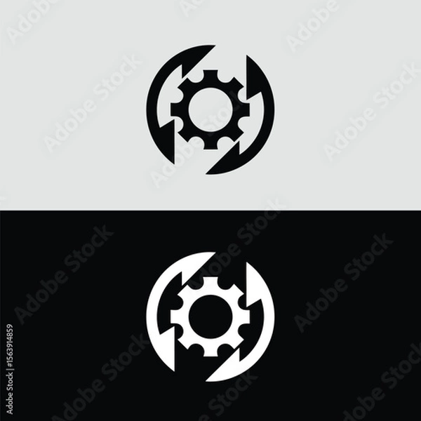 Fototapeta A black gear encircled by rotating arrows symbolizes continuous process and mechanical motion against a light gray and black contrasting background