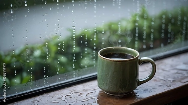 Fototapeta Steaming cup of dark coffee sits on a wet wooden surface next to a window with raindrops and blurred green foliage outside