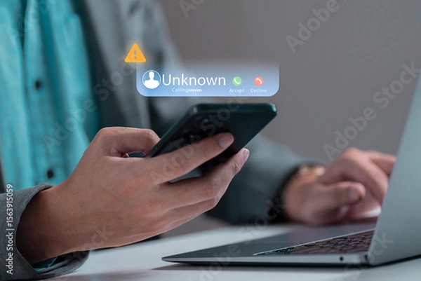 Fototapeta Phone call from unknown number late at night. Scam, fraud or phishing with smartphone concept. Prank caller, scammer or stranger. Man answering to incoming call. Hoax person with fake identity.