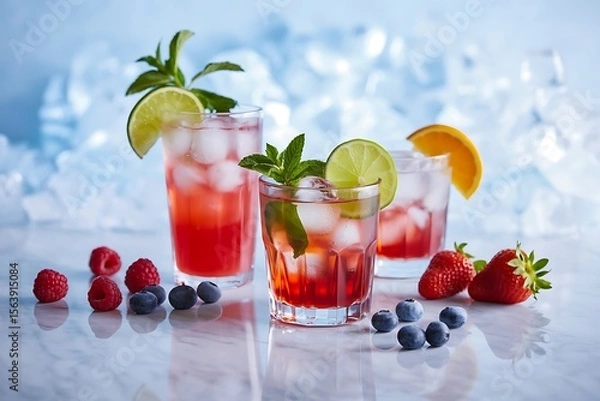 Fototapeta Three refreshing berry cocktails garnished with lime and mint sit on a marble surface surrounded by fresh fruits and ice