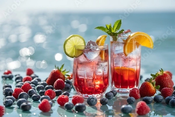 Fototapeta Refreshing red berry cocktails with fresh fruit garnishes and ice sit on a glass table with a blurred ocean background