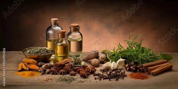 Fototapeta A curated selection of natural herbs spices and essential oils in glass bottles arranged on a rustic wooden surface for traditional medicine and aromatherapy