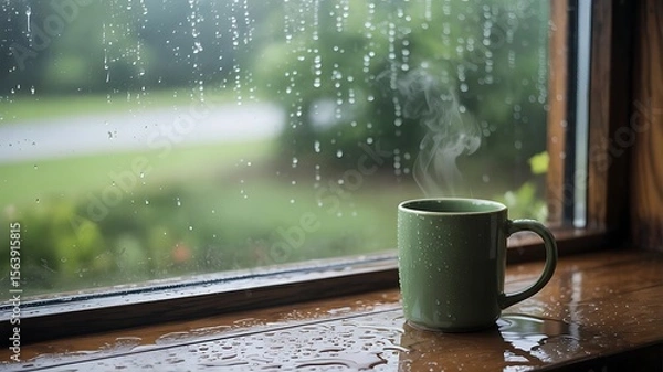 Fototapeta Steaming green mug of hot beverage sits on a wet wooden surface beside a window with raindrops on the glass