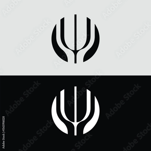 Fototapeta An abstract black and white logo design featuring a stylized trident shape, isolated on a split gray and black background