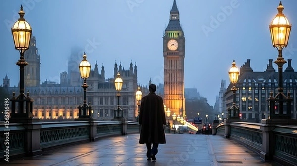 Fototapeta A lone figure walks across westminster bridge towards the iconic big ben clock tower on a misty london evening illuminated by gas lamps