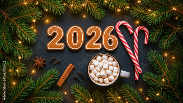 Fototapeta Christmas flat lay with gingerbread 2026 numbers, candy canes, hot chocolate with marshmallows, cinnamon, star anise, fir branches, and warm lights.