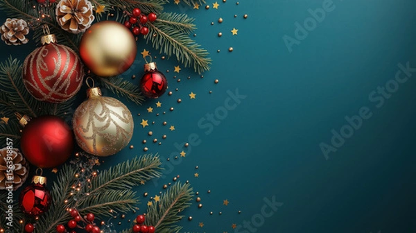 Fototapeta Christmas banner with red and gold ornaments, pine branches, cones, berries, and copy space on green background. Festive design for seasonal greetings.