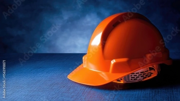 Obraz A vibrant orange construction helmet rests on a deep blue textured surface, showcasing its design aimed at ensuring safety in construction and industrial activities