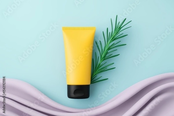 Obraz Tube of yellow lotion is on a blue background with a green leaf
