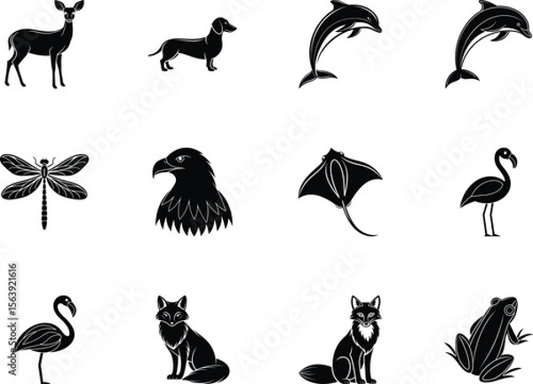 Fototapeta Silhouette showcasing various animals including deer, dachshund, dolphins, dragonfly, and many others