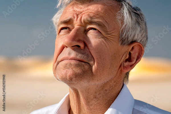 Fototapeta Older man with gray hair looking up towards bright sunlight, squinting in strong light, standing outdoors in dry sunny environment, symbolizing heat, summer and climate impact

