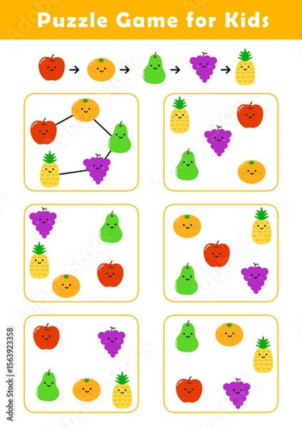 Fototapeta Connect fruits according to the example provided. Pre-Writing Worksheet for Toddlers. Puzzle Game for Children. Preschool Worksheet Activity for Kids. Educational Game.