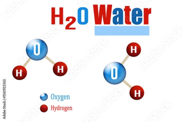 Obraz A simple 3D illustration showing the structure of an H2O (water) molecule with two hydrogen atoms connected to one oxygen atom.