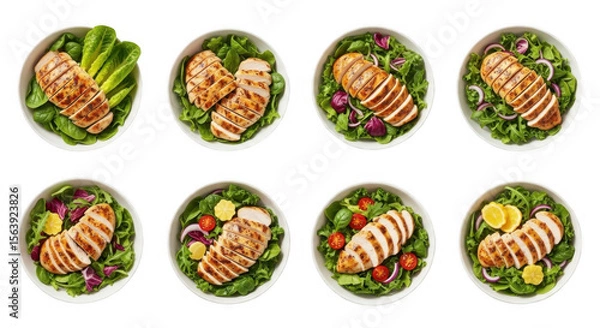 Fototapeta Delicious Grilled Chicken Salads with Fresh Vegetables and Greens in Bowls, isolated on a transparent background