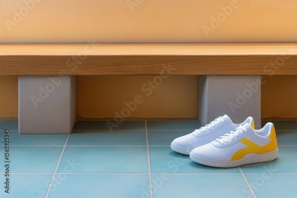 Obraz Pair of white and yellow shoes are on a bench