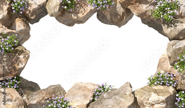 Obraz Naturally dense rocks and flowery border frame on transparent backgrounds 3d render png