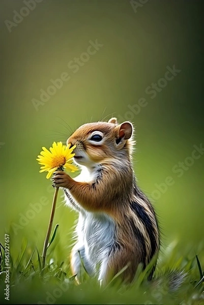 Obraz Cute Baby Squirrel Smelling Flower