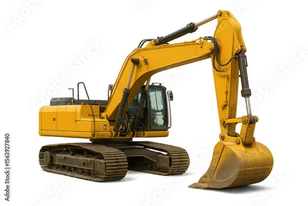 Fototapeta Heavy-duty yellow excavator with a large bucket, positioned on a transparent background, showcasing construction machinery details
