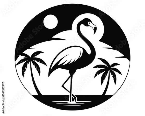 Obraz Elegant black and white illustration of a flamingo standing near palm trees in a tropical circle scene.