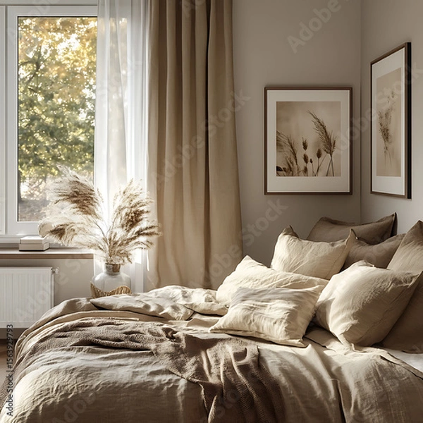 Fototapeta Calm and cozy bedroom with filtered natural light, minimalist framed prints, and warm fabric textures 