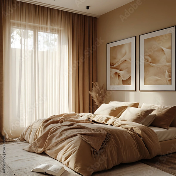 Fototapeta Bedroom design with warm textures, sheer curtains diffusing daylight, and minimalist framed artworks 