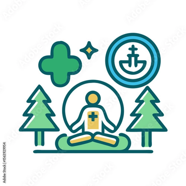 Obraz Person meditating in nature surrounded by trees and health symbols in a modern style
