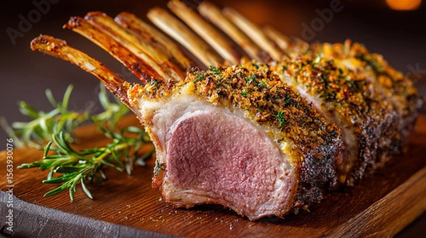 Obraz Delightful rack of lamb with herbs on wooden serving board