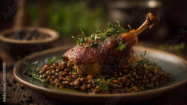 Obraz Savory dish featuring tender duck leg on a bed of lentils
