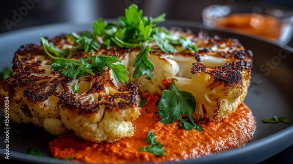 Obraz Delicious roasted cauliflower steak with vibrant red sauce