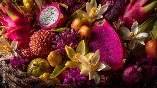 Obraz Colorful tropical fruit basket displayed with vibrant flowers