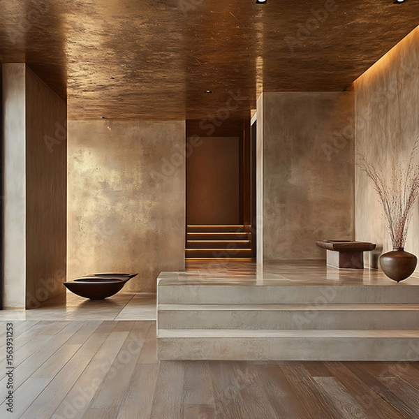 Fototapeta Architectural photograph of warm interior textures, ceiling and flooring contrast in tone and grain, refined composition 
