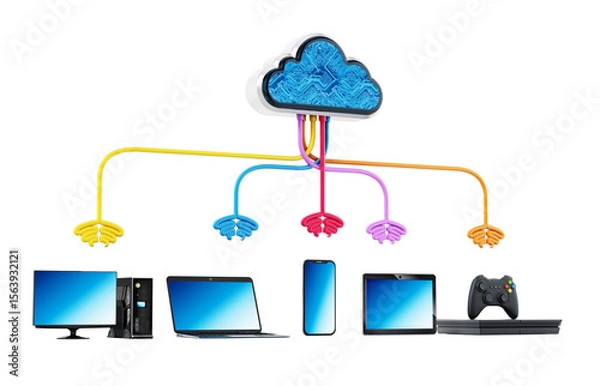 Obraz Cloud computing diagram with various connected device  isolated on transparent background. 3D illustration