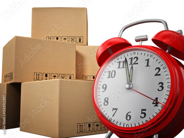 Obraz Cargo boxes and alarm clock isolated on transparent background. 3D illustration