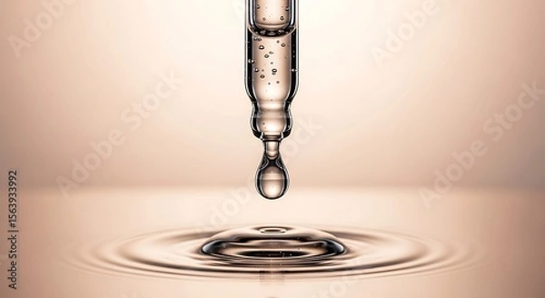 Fototapeta Cosmetic pipette with a drop of hydrating serum falling into a liquid surface with ripples. Skincare essence concept with hyaluronic acid on a soft beige background for beauty product display.
