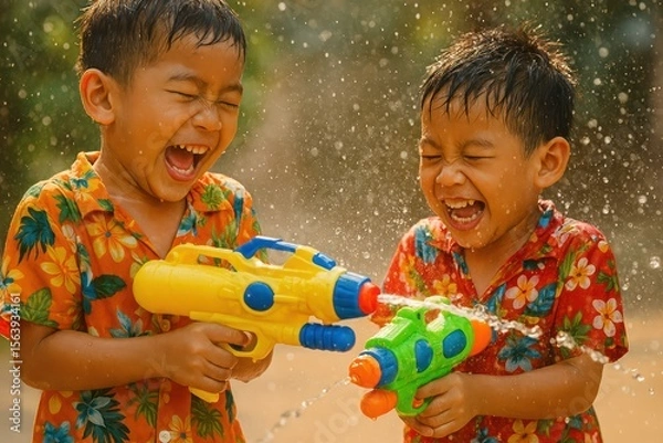 Fototapeta Two ecstatic boys armed with water guns joyfully participate in a Songkran water fight, showcasing the pure fun of the festival. Concept of: Playful tradition.