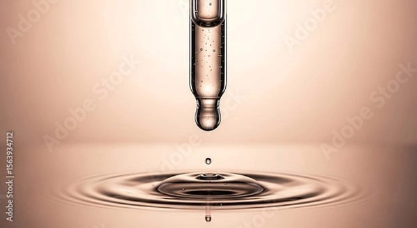 Fototapeta Cosmetic pipette with a drop of liquid serum or hyaluronic acid falling, creating ripples on the surface. Luxury skincare product macro shot on a soft beige background for beauty and science concepts.