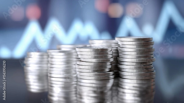Obraz Neatly stacked coins in ascending order stand against a blurred background of fluctuating financial graphs, symbolizing financial growth and market dynamics.
