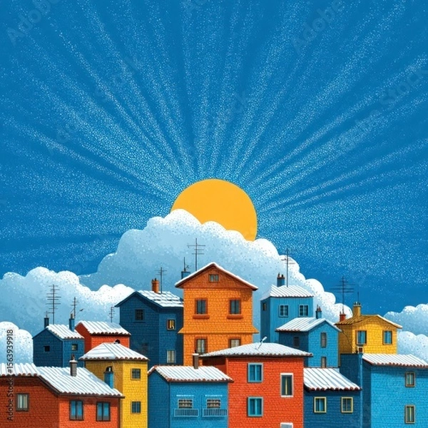 Fototapeta Colorful houses basking in sunlight with a vibrant sky create a charming urban landscape during winter.