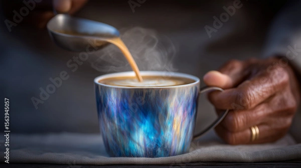 Fototapeta Close-up of hand mixing hot coffee, metallic mug reflecting soft ambient light