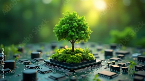 Obraz Tree Growing On Computer Circuit Board