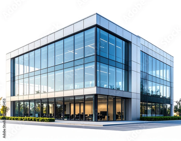 Fototapeta Minimalist Modern Glass Office Building, Front View, Isolated on a Transparent Background